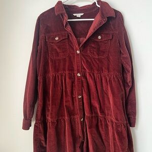 American Eagle Burgundy
Corduroy Babydoll Button Up Shirt Dress 100% Cotton